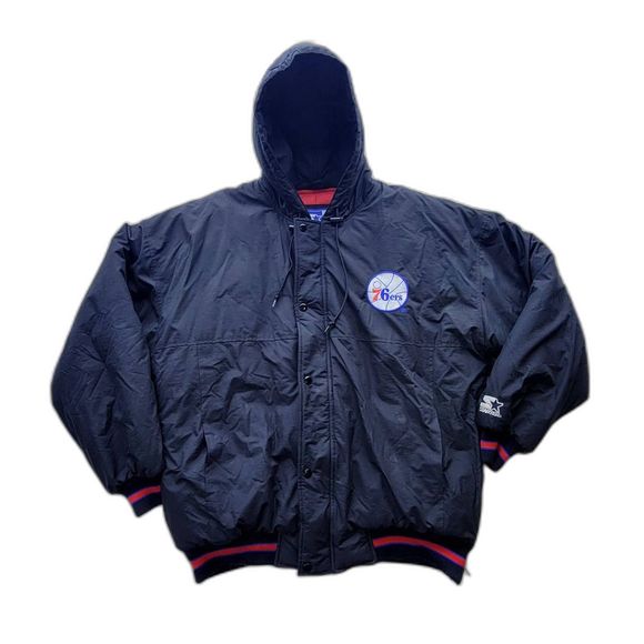 90s VTG NBA Philadelphia 76ers Sixers Starter Zip-Up Winter Coat-Men's Lrg - Picture 1 of 12